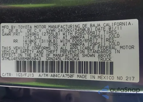2011 Toyota Tacoma Base V6 from USA, damaged, VIN 3TMLU4EN8BM068043